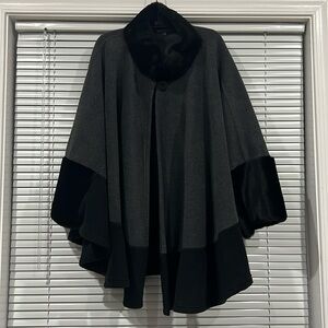 Faux Fur Trimmed Black and Grey Cape Jacket